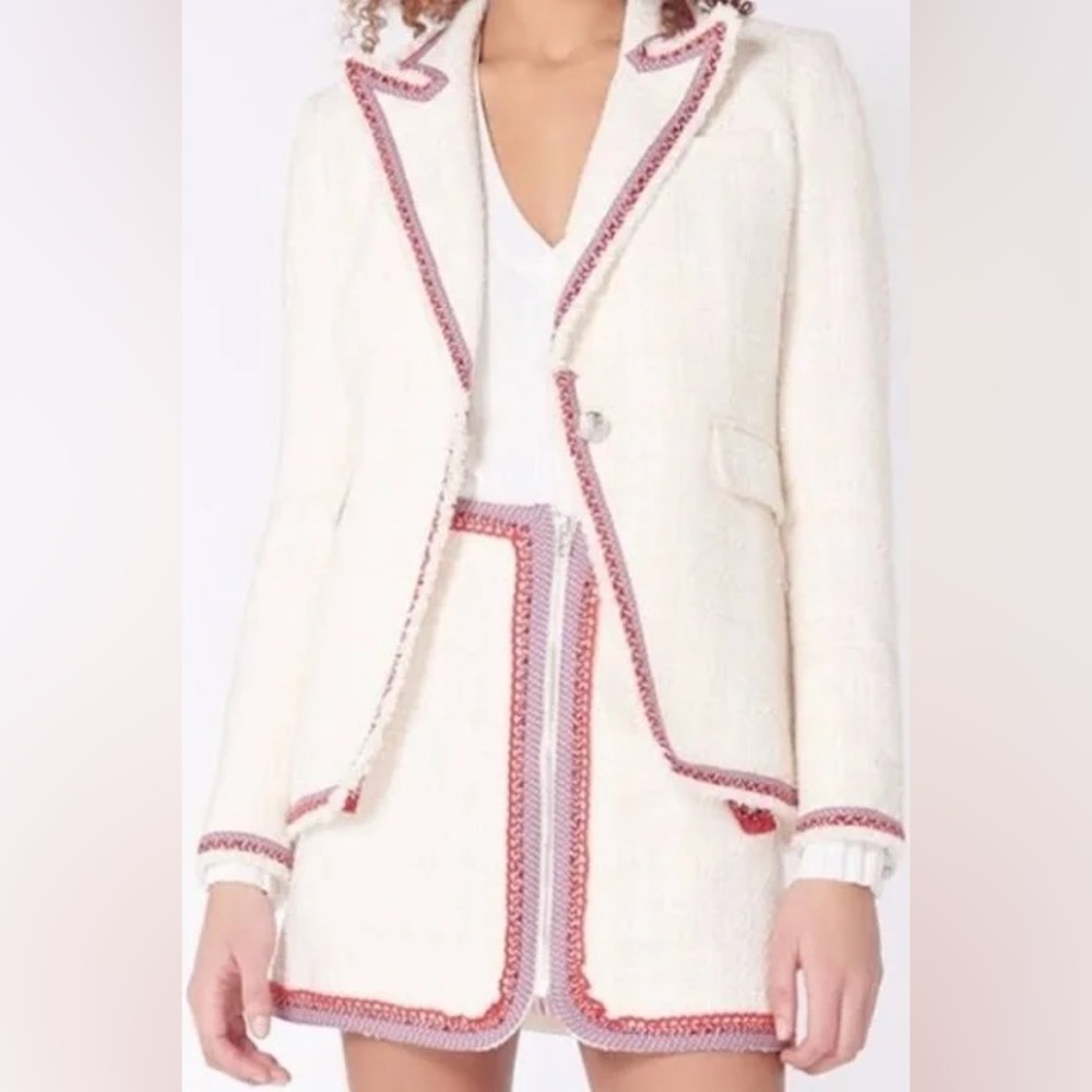 Veronica Beard Cutaway Contrast-Trim Blazer Braided Accents Pointed Collar 0